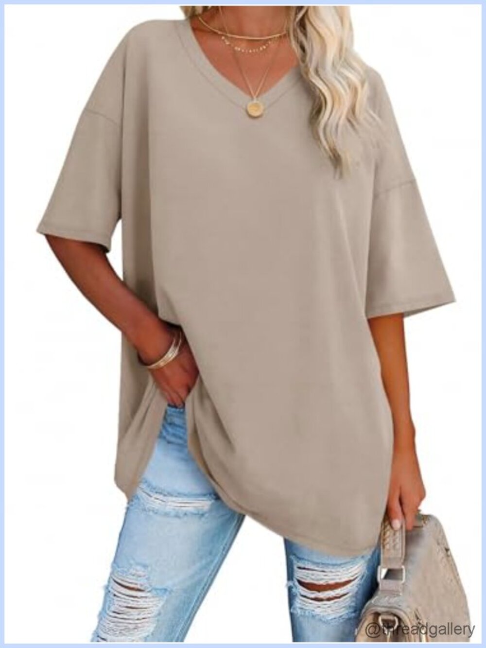 Womens Oversized V Neck Half Sleeve Cotton Tunic Tee Casual Summer Top